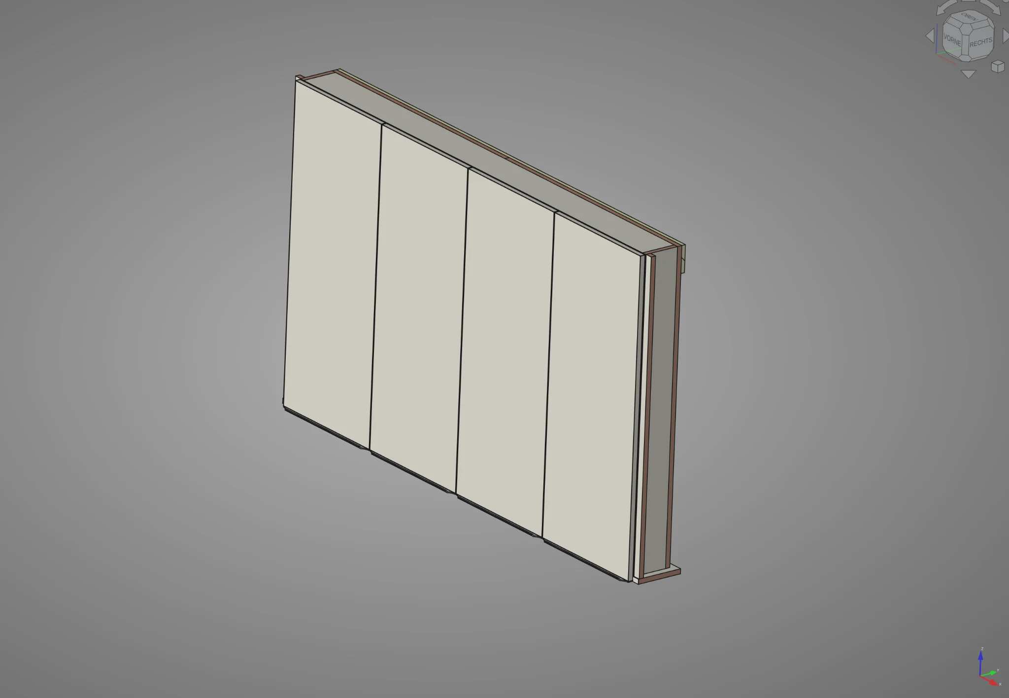 Echte 3D-CAD-Ansicht eines viertürigen Möbelbauteils